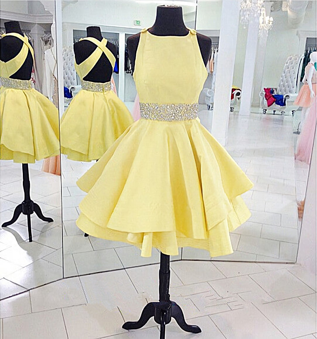 Yellow es Cross Back Short Cute Beading Prom Dresses