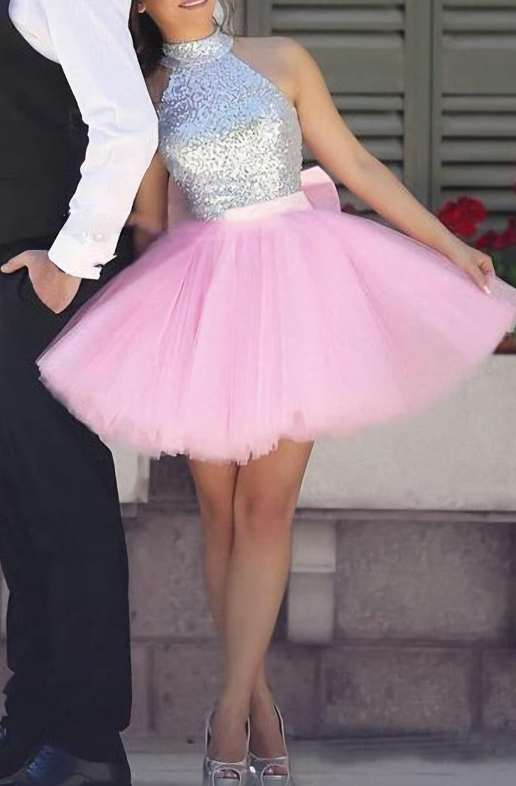 Lovely Pink Short High Neck Sequins Silver Puffy Skirt Sparkly Prom Dresses