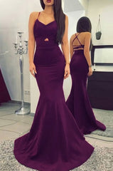 Sexy Mermaid Backless Long Purple Spaghetti Straps Prom Dresses