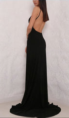 Sexy Black V Neck Open Back With Side Slit Woman Long Simple Prom Dresses