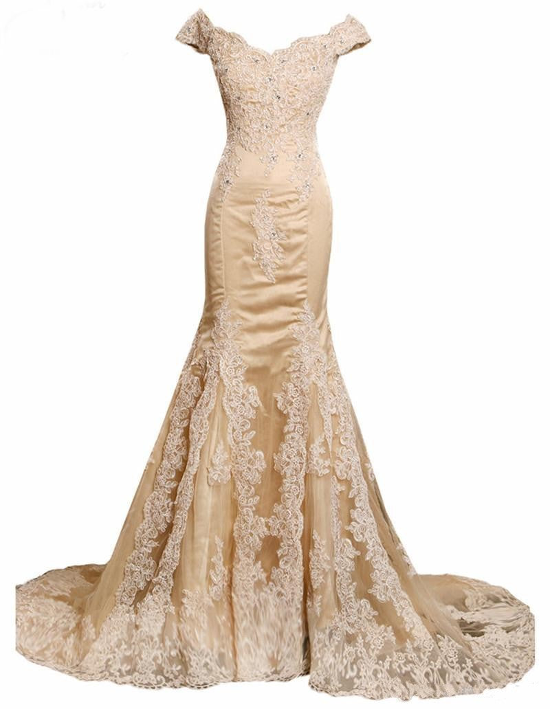 champagne prom dresses lace elegant appliques  tulle mermaid evening dresses v neck celebrity party dresses