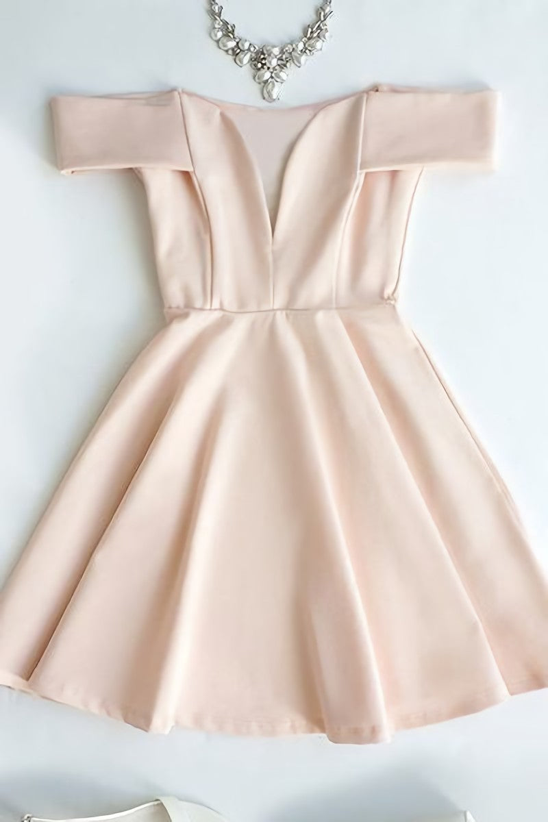 Cute Off The Shoulder Light Pink V Neck Short Prom Dresses