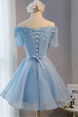 A Line Off Shoulder Short Light Blue Prom Dresses