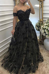 Unique A Line Off The Shoulder Black Lace Long Prom Dresses