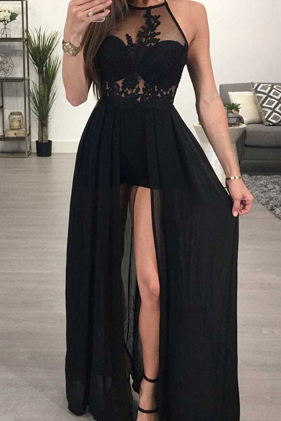 A Line Halter See Through Black Chiffon Sexy Long Black Prom Dresses Main image