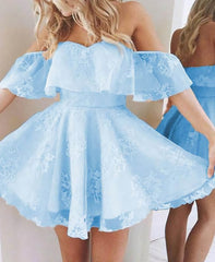 Short A Line Sweetheart Ruffles Off Shoulder Cute Lace Blue Prom Dresses