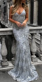 Sexy V Neck Mermaid Sequined Backless Long Prom Dresses