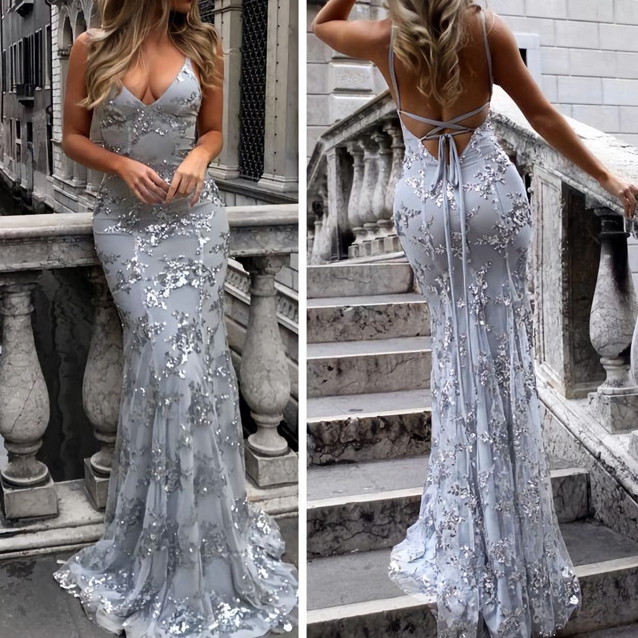 Sexy V Neck Mermaid Sequined Backless Long Prom Dresses Secondary image