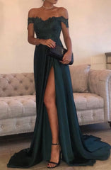 A Line Navy Green Chiffon High Split Side Slit Lace Top Sexy Prom Dresses