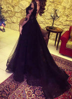 O Neck A Line Appliques Long Cheap Black Women Long Sleeves Prom Dresses