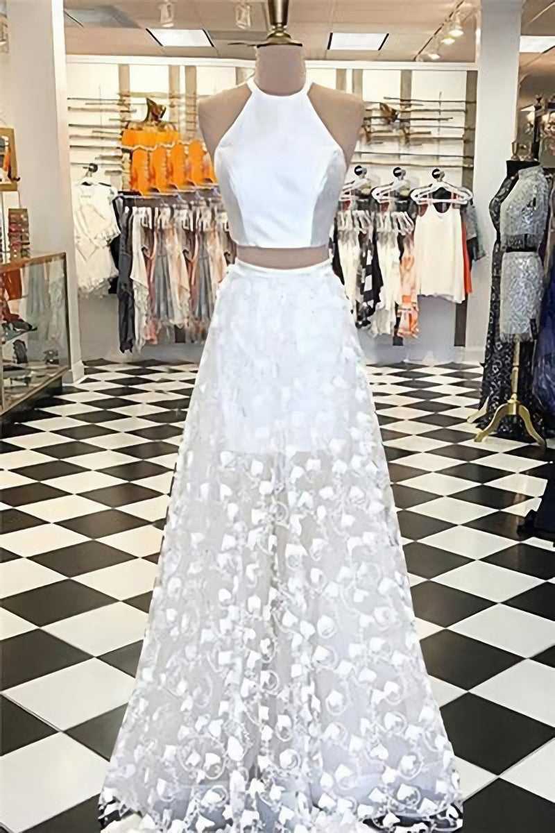 Two Piece A Line Jewel White Floor Length Appliques Prom Dresses
