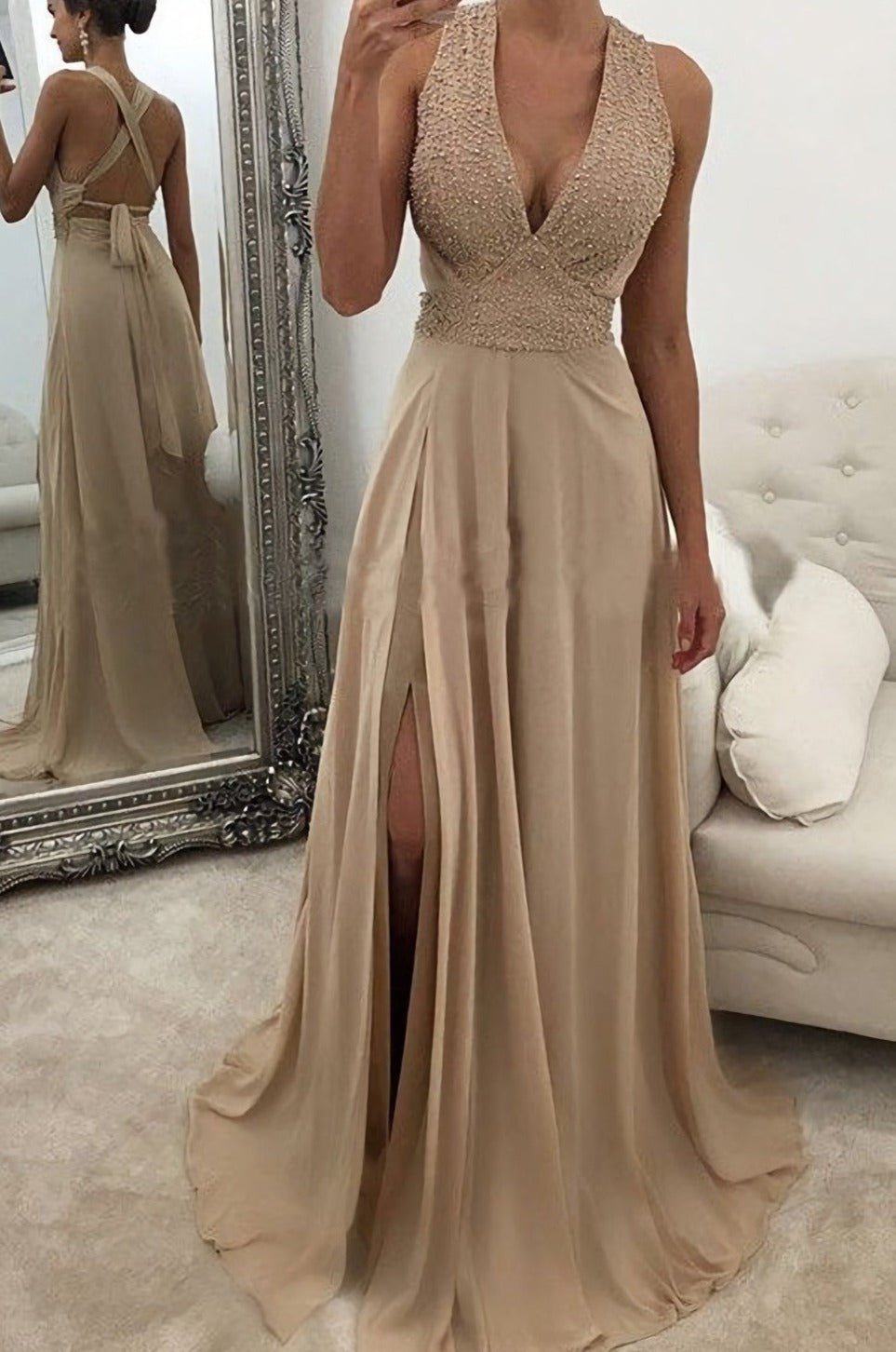 Elegant V Neck Champagne Long Slit Long Prom Dresses
