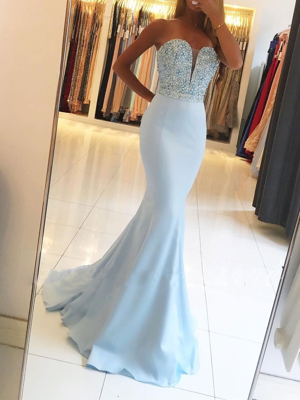 Strapless Sweetheart Neck Beaded Mermaid Light Blue Prom Dresses