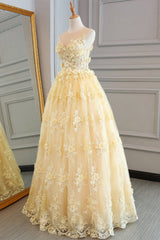 Yellow Lace Customize Long A Line Senior Halter Prom Dresses