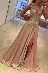 Sexy Deep V Neck With Split Side Appliques A Line Long Prom Dresses