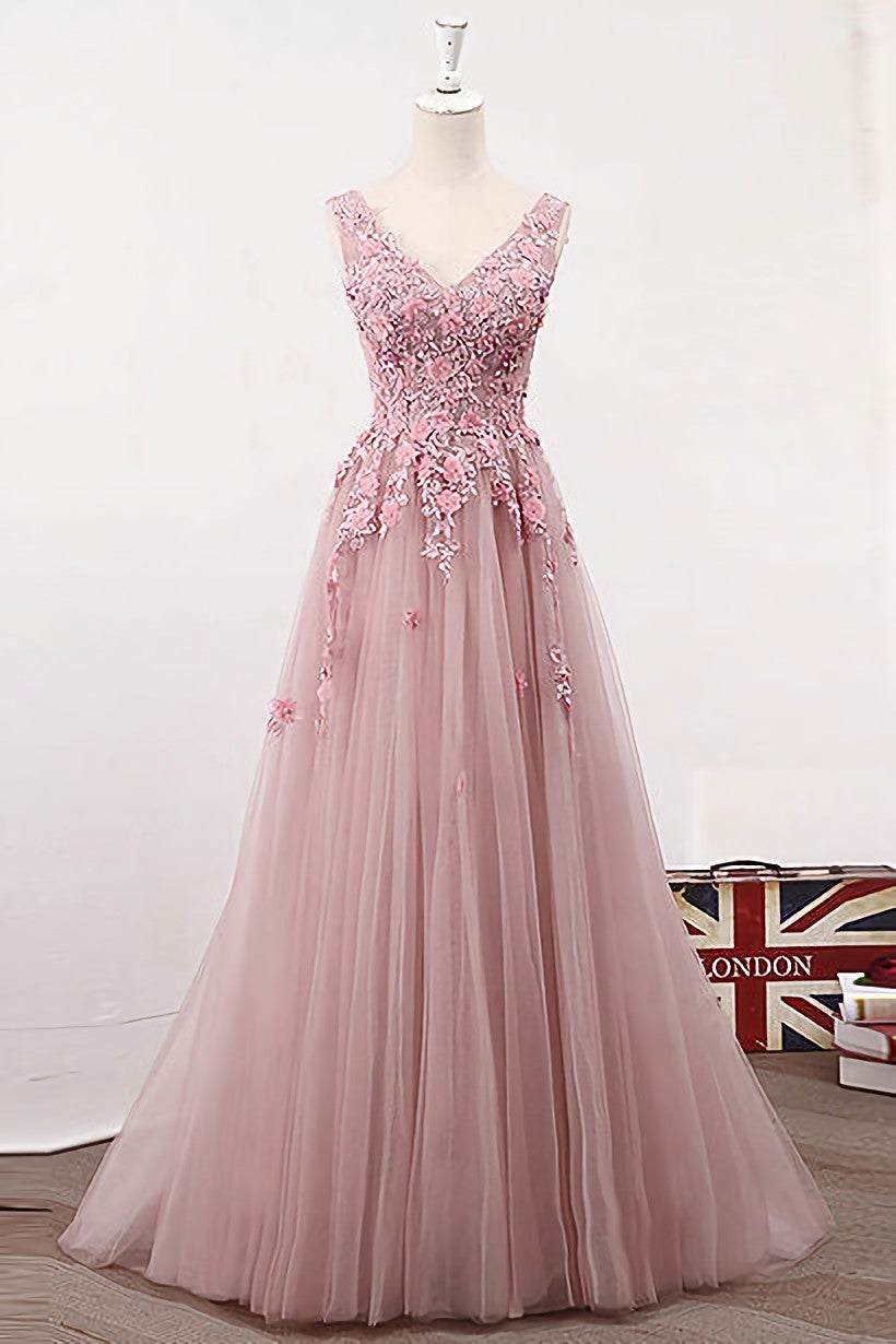 Pink Lace A Line Long Tulle Prom Dresses