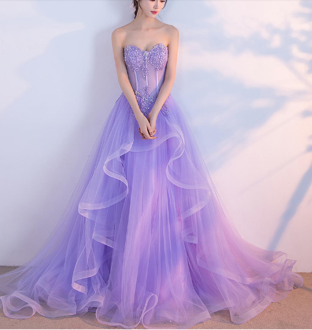 Elegant Long Sweetheart Lilac Tulle Women Prom Dresses