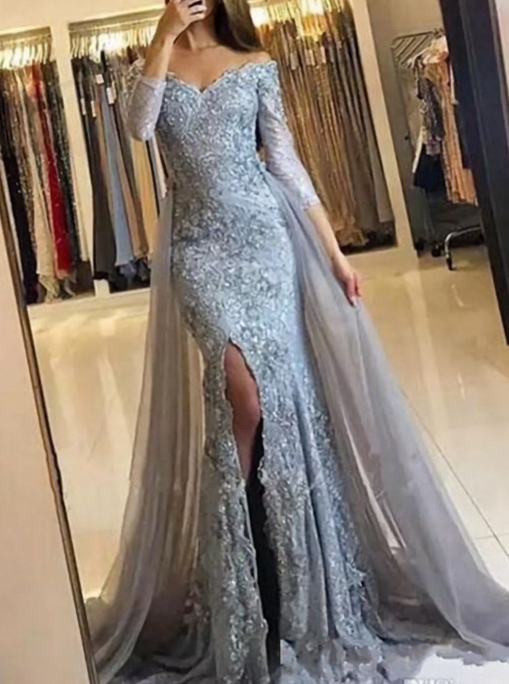 Fashion Mermaid Off The Shoulder Long Sleeves Split Front Lace Long Prom Dresses