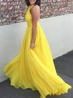 A Line Yellow Halter Long Simple Cheap Prom Dresses