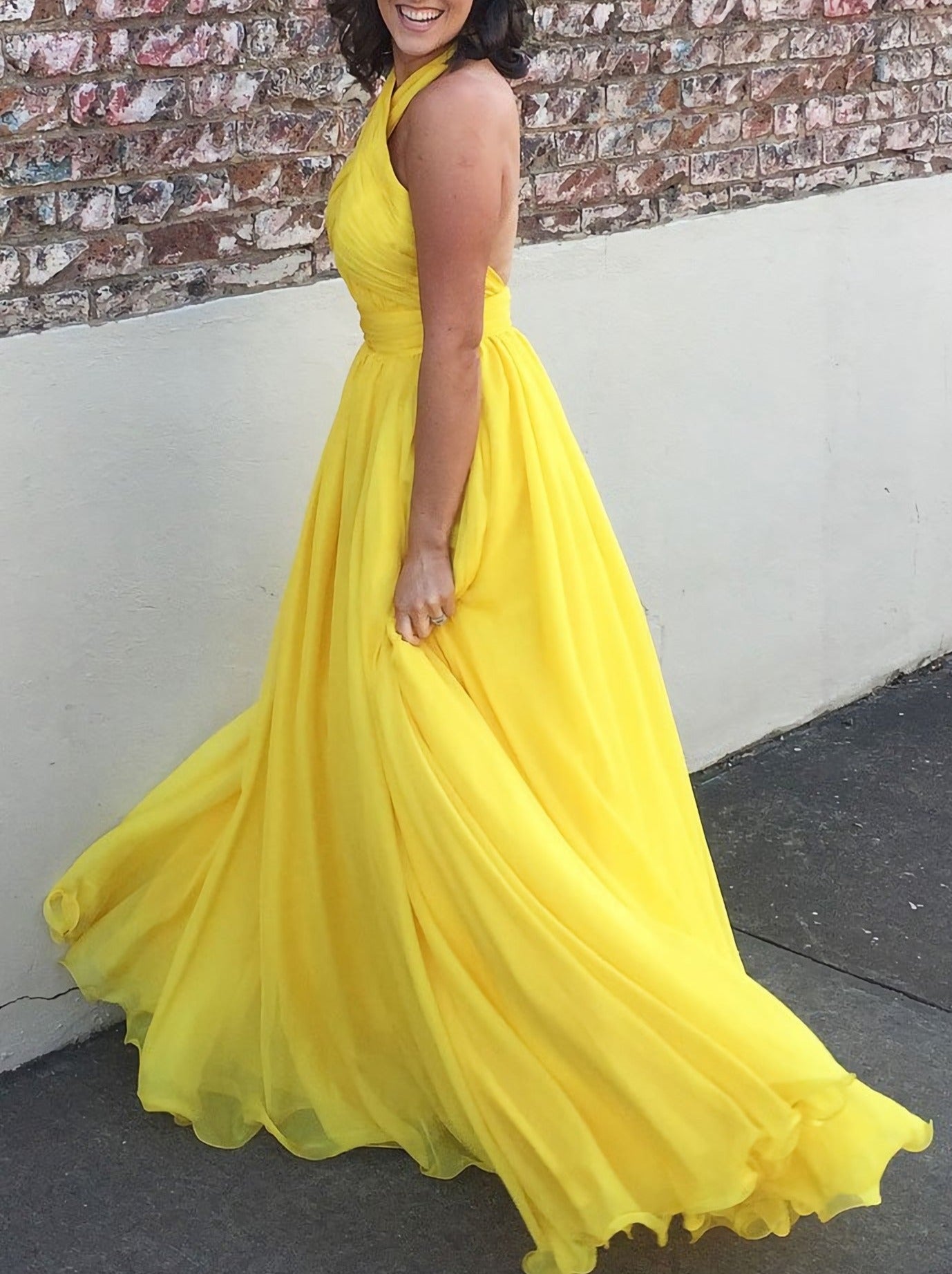 A Line Yellow Halter Long Simple Cheap Prom Dresses