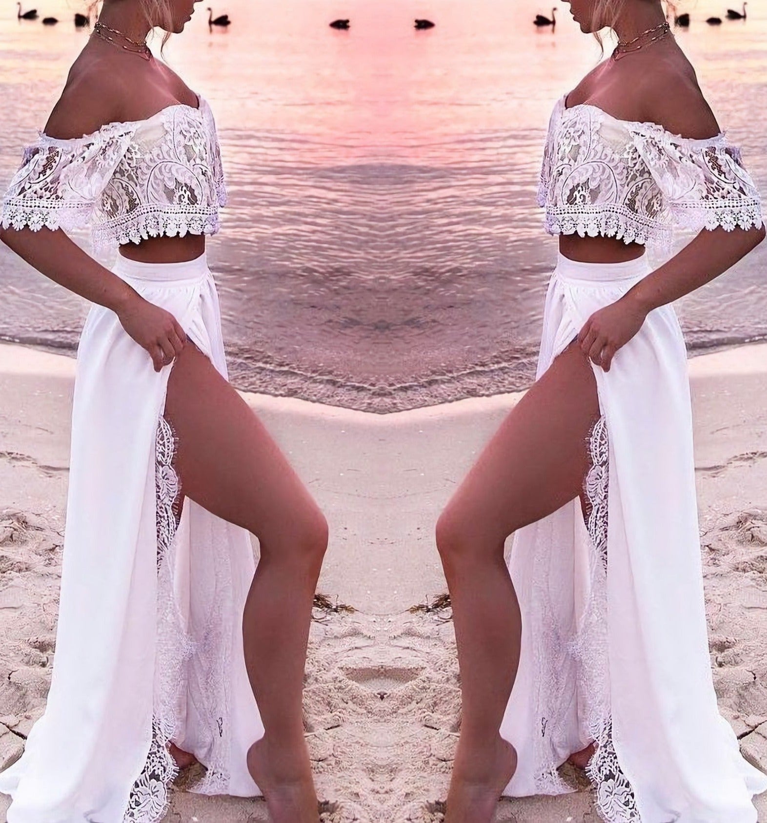 Sexy Off Shoulder White Long Two Piece Slit Prom Dresses
