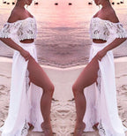 Sexy Off Shoulder White Long Two Piece Slit Prom Dresses