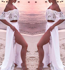 Sexy Off Shoulder White Long Two Piece Slit Prom Dresses