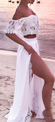 Sexy Off Shoulder White Long Two Piece Slit Prom Dresses