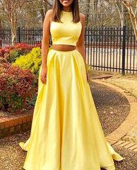 Two Piece Yellow Long With Pockets 2 Pieces Simple Prom Dresses