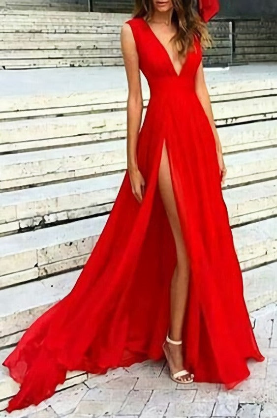 Sexy V Neck Red Split Slit Sexy Red Prom Dresses