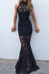 Mermaid High Neck Sleeveless Black Lace Prom Dresses