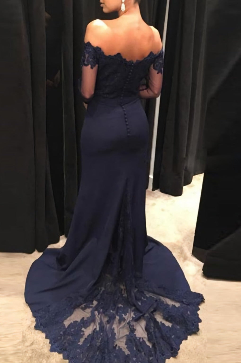 Navy Mermaid Off The Shoulder Long With Long Sleeves Prom Dresses