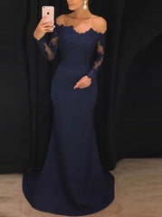 Navy Mermaid Off The Shoulder Long With Long Sleeves Prom Dresses