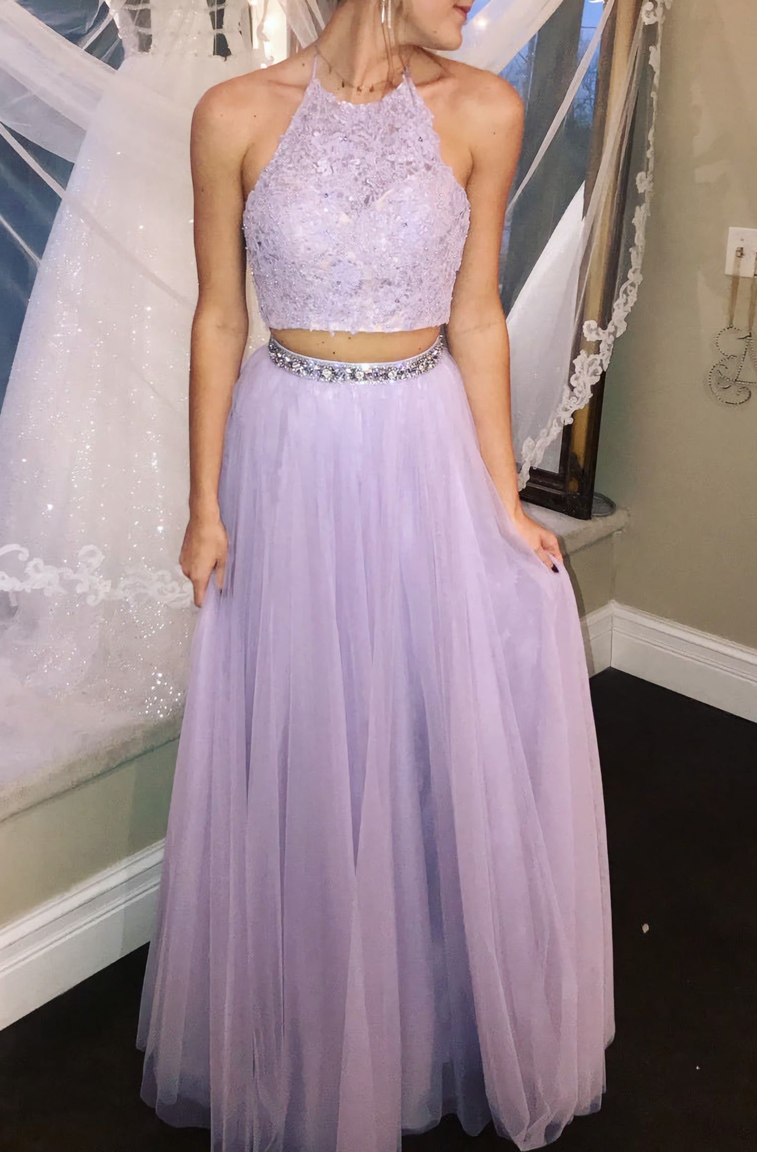 Elegant Lavender Two Piece Halter Lace Beading Prom Dresses