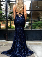 Mermaid Spaghetti Straps Navy Blue Backless Tulle Appliques Prom Dresses