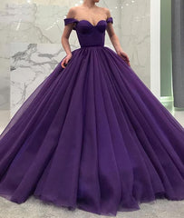 Purple Tulle Off Shoulder Long Tulle Prom Dresses