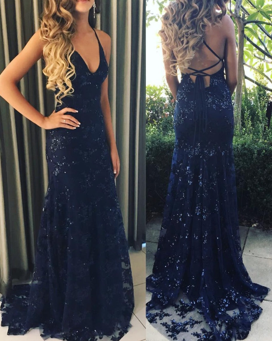 Elegant Straps Navy Blue Mermaid Long Prom Dresses