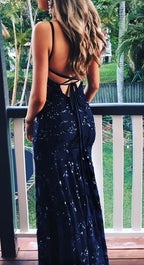 Elegant Straps Navy Blue Mermaid Long Prom Dresses