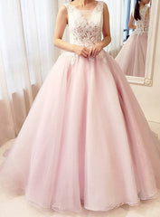 Tulle Floor Length Appliques Lace Pink Prom Dresses
