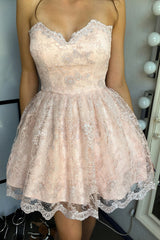 Sweetheart A Line Lace Pink Short Sweet Prom Dresses