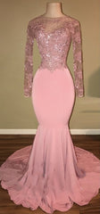 Shiny Pink Backless Beaded Long Sleeves Mermaid Prom Dresses_Sexy Pink Prom Gowns