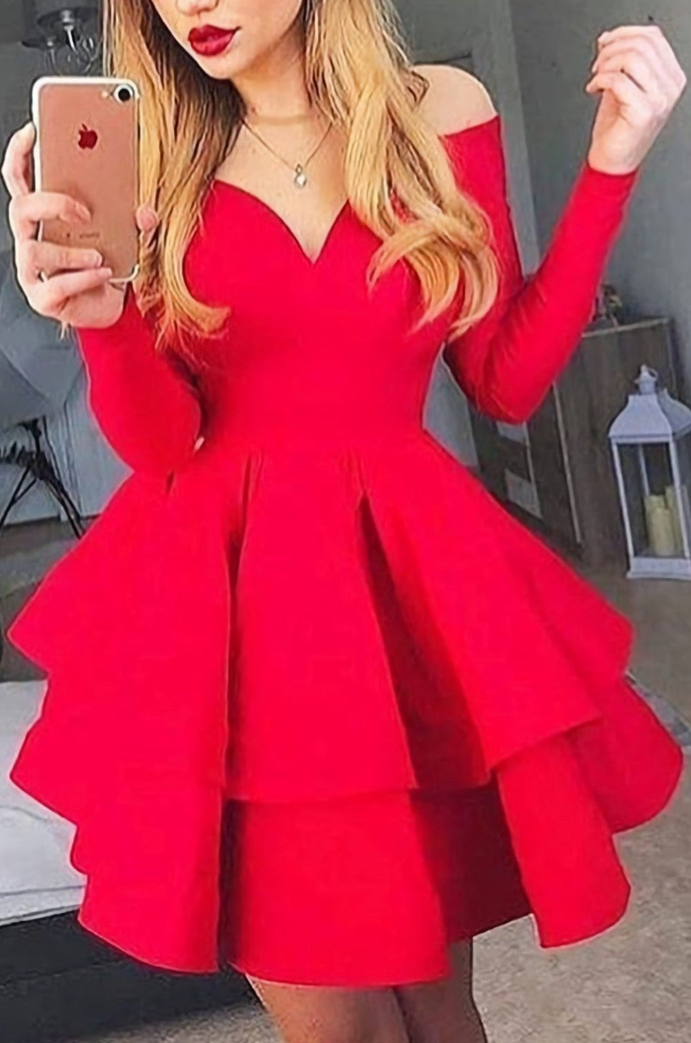 Simple Long Sleeve Red Short For Teens Off The Shoulder Tiered Homecoming Dresses
