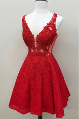 Cute Red Lace Appliques Short V Neck Sleeveless Mini Dc14 Prom Dresses
