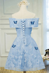 Sky Blue Off Shoulder Lace Short Lace With Butterfly Appliques A Line Off The Shoulder Dc51 Prom Dresses