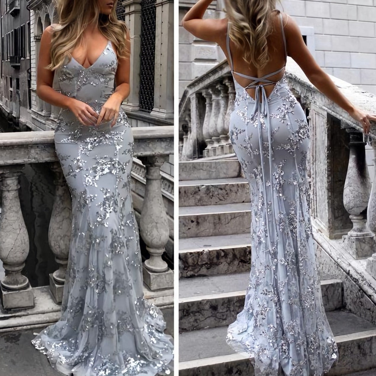 Sexy V Neck Mermaid Sequined Lace Backless Long Prom Dresses