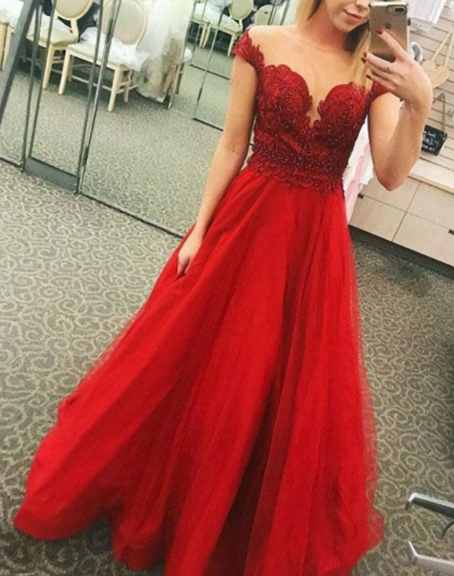 Red Applique Tulle Short Sleeve Beaded Prom Dresses