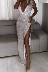V Neck Long Sexy Sequins Silver Prom Dresses