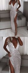 V Neck Long Sexy Sequins Silver Prom Dresses