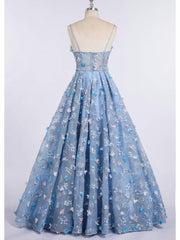 Princess Spaghetti Strap 3D Flower Applique Sky Blue Prom Dresses