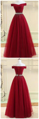 A Line Burgundy Off The Shoulder Lace Up Tulle Sweetheart Long Prom Dresses